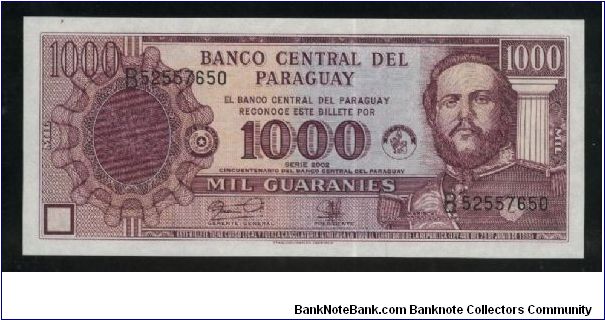 1,000 Guaranies.

Commemorative Issue; 50th Anniversary of the Banco Central de Paraguay.

Mariscal Francisco Solano Lopez at right on face; national shrine on back.

Pick #221 Banknote