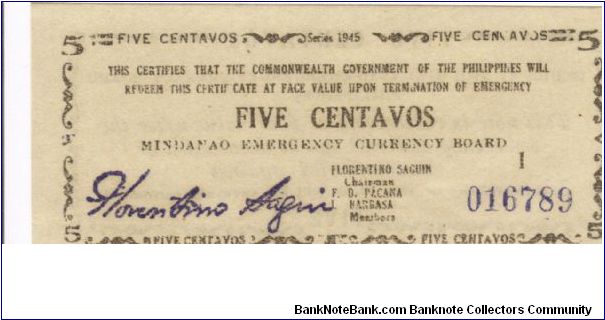 S-531 Mindanao 5 Centavos note. Banknote