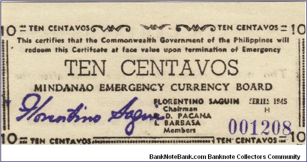 S-532b Mindanao 10 Centavos note. Banknote