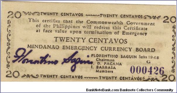S-533 Mindanao 20 Centavos note. Banknote