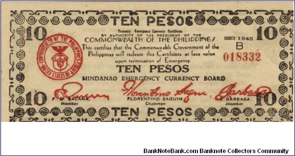 S-538 Mindanao 10 Peso note. Banknote