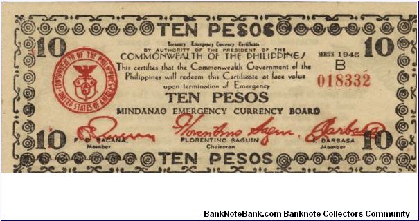 S-538 Mindanao 10 Peso note. Banknote