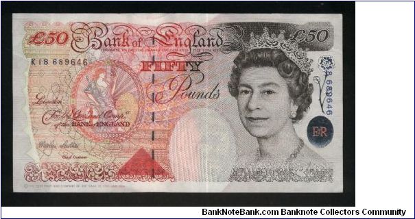 50 Pounds.

Queen Elizabeth II at right, Allegory in oval in underprinting at left on face; bank gatekeeper at lower left, his house at left and Sir John Houblon at right on back.

Pick #388b Banknote