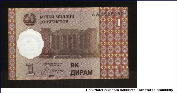 1 Diram.

Sadriddin Ayni Theatre and Opera house at center on face; Pamir mountains on back.

Pick #10 Banknote