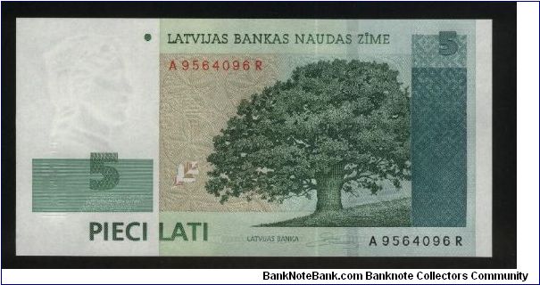 5 Lati.

Oak tree at center right on face; local art at center, State arms at right on back.

Pick #49 Banknote