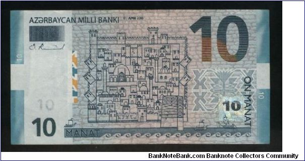 10 New Manat.

Ancient drawing of the old part of Baku (Sharvanshah palace, virgin tower, Icheri Shekher wall) at center on face; outline map of Azerbaijan and Europe, ornamentation from old carpets in background on back.

Pick #NEW Banknote