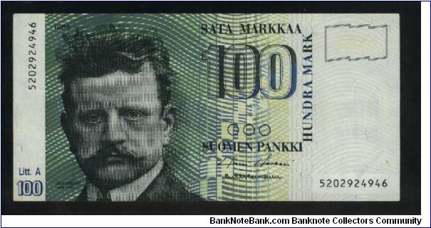 100 Markkaa.

Jean Sibelius at left, latent image at upper right on face; swans at center on back.

Pick #119 Banknote
