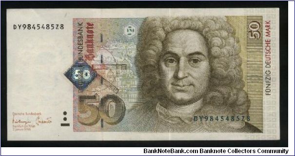 50 Deutsche Mark.

Balthasar Neumann (1687-1753) at right, kinegram foil added at left center on face; architectural drawing of Bishop's residence in Wurzburg at left center, building blueprint at lower right in watermark area on back.

Pick #45 Banknote
