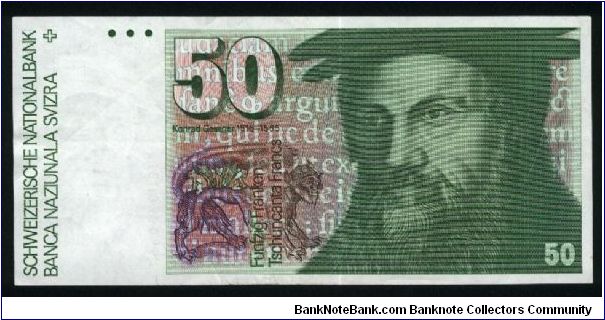 50 Franken.

Format: 159x74mm

Konrad Gessner on face; eagle owl, Primula auricu-la plant and stars on vertical format on back.

Pick #56h Banknote