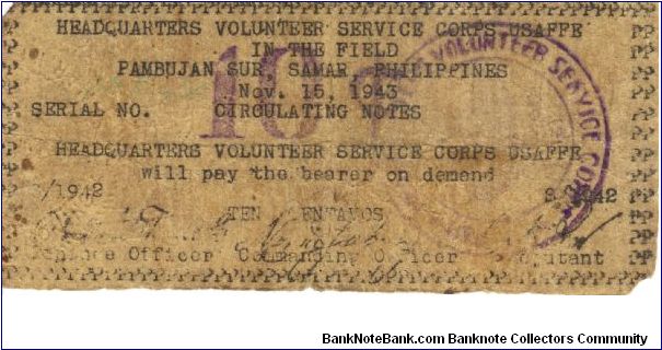 SMR-632a Rare Headquarters Volunteer Service Corps USAFE 10 Centavos note. Banknote