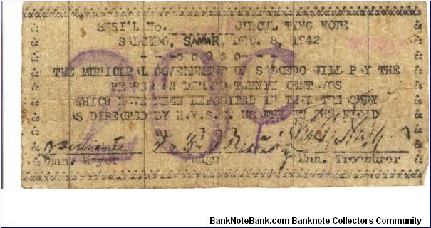 SMR-753 Rare Salecedo Samar 20 Centavos note. Banknote