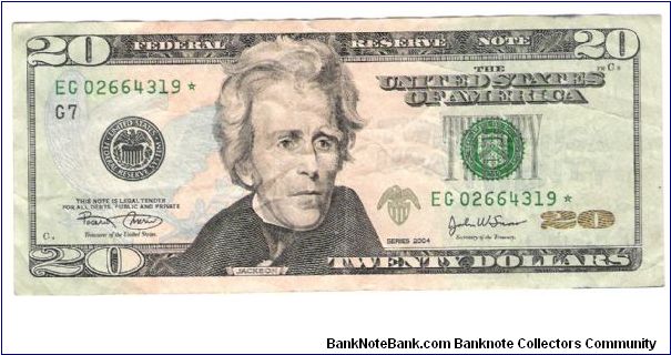 Just a 2004 Star $20.00 Dollar note Nothing spectacular just another rescue mission from circulation Banknote