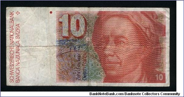 10 Franken.

Format: 66x137 mm 

Leonard Euler (mathematician; 1707-1783) at right on face; water turbine, light rays through lenses and Solar System in vertical format on back.

Pick #53a Banknote
