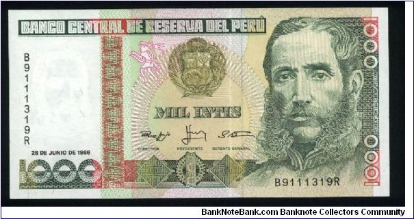 1,000 Intis.

Mariscal Andres Avelino Caceres at right on face; ruins off Chan Chan on back.

Pick #136b Banknote