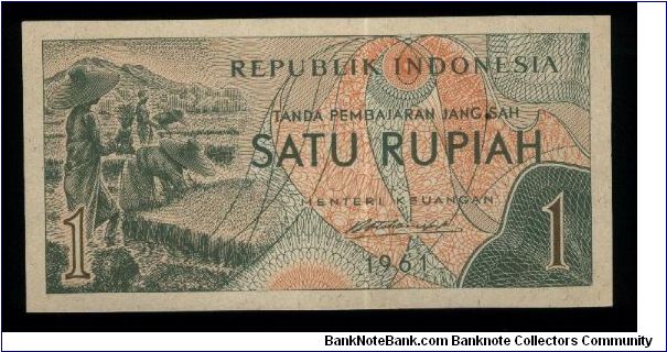 1 Rupiah.

Harvesting scene at left, great 1 at right on face; some fruits on back.

Pick #78 Banknote