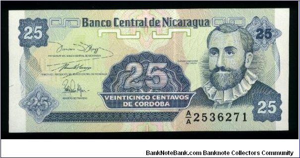 25 Centavos (de Cordobas).

F. H. Cordoba at right on face; arms at left, flower at right on back.

Pick #170 Banknote