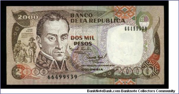 2,000 Pesos.

Simon Bolivar at left on face; scene at Paso del Paramo de Pisba at center right on back.

Pick #439b Banknote