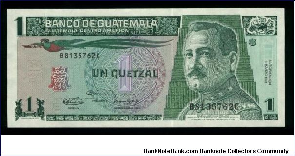 1 Quetzal.

General J. Orellana at right, Quetzal bird at upper center on face; Banco de Guatemala building and ancient seals on back.

Pick #73

Pick Banknote