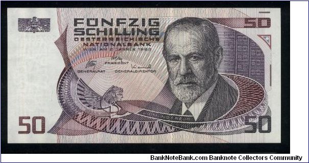 50 Schilling.

Sigmund Freud at right on face; Vienna's Josephinum Medical School at left center on back.

Pick #149 Banknote