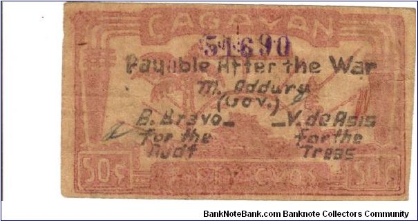S-185 unlisted Cagayan 50 centavos note with hand written serial number in red on reverse. Banknote