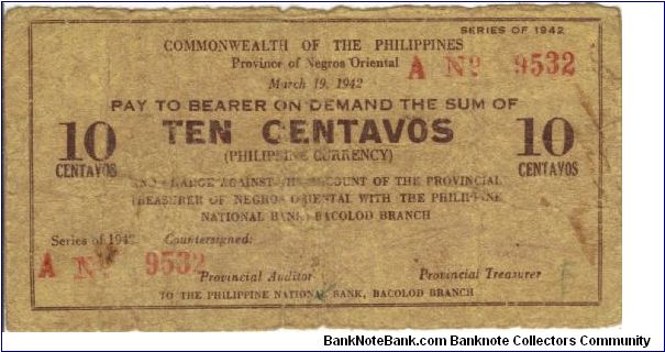 S-652 Negros Oriental 10 centavos note. Banknote