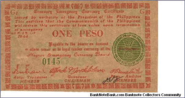 S-672 Negros Emergency Currency Board 1 Peso note, series G. Banknote