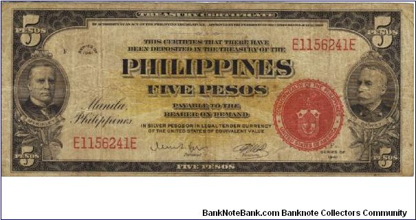 PI-91a Treasury Certificate 5 Pesos note. Banknote