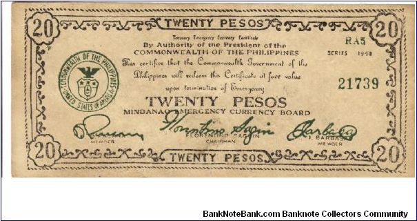 S-528b Mindanao Emergency Currency Board 20 Pesos note, series RA5. Banknote
