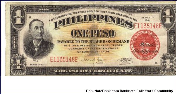 PI-89a Treasury Certificate 1 Peso note. Banknote