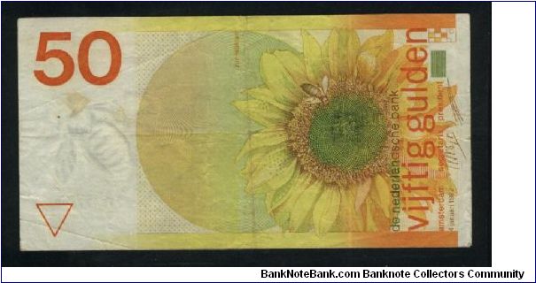 50 Gulden.

Sunflower with bee at lower center on vertical format on face; map and flowers on back.

Pick #96 Banknote