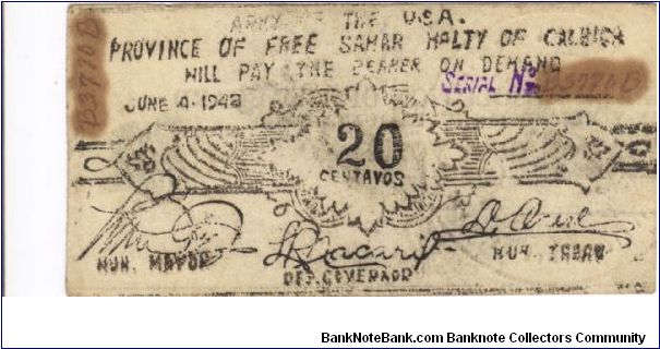 SMR-271 RARE Free Samar 20 Centavos note. Banknote