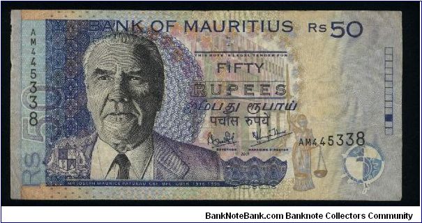 50 Rupees.

J. M. Paturau at left, arms at lower left, building facades at center and standing Justice with scales at lower right in underprinting on face; building complex at center right on back.

Pick #50 Banknote