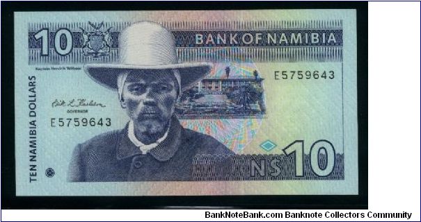 10 Namibia Dollars.

Captain H. Wittbooi at left center, arms at upper left on face; springbok at right on back.

Pick #1a Banknote