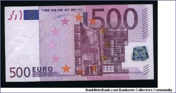 500 Euro.

Serial -X- prefix (Germany).

Modern 20th century architecture on face and back.

Old Signature: W. Duisenberg.

Pick #7x Banknote
