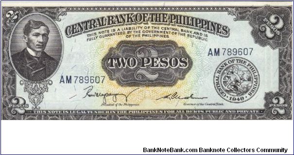 PI-134b, Signatrue 2, Central Bank of the Philippines 2 Pesos note. Banknote