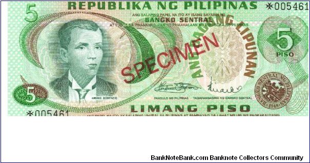 Republika Ng Pilipinas 5 Pesos Specimen note. Banknote