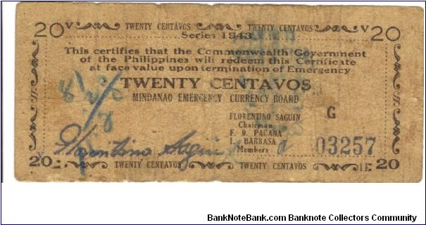 S-483a Mindanao 20 Centavos note. Banknote