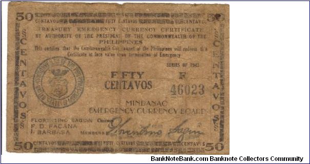 S-484 Mindanao 50 Centavos note. Banknote