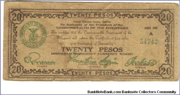 S-489a Mindanoa Twenty Pesos note. Banknote