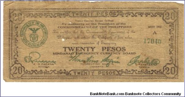 S-489d Mindanao Twenty Pesos note. Banknote
