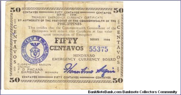S-522b Mindanao Fifty Centavos note. Banknote