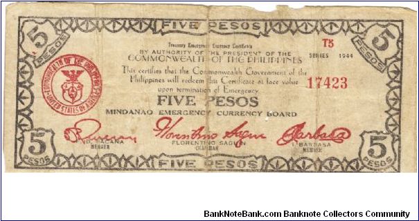 S-526c Mindanao Five Pesos note. Banknote