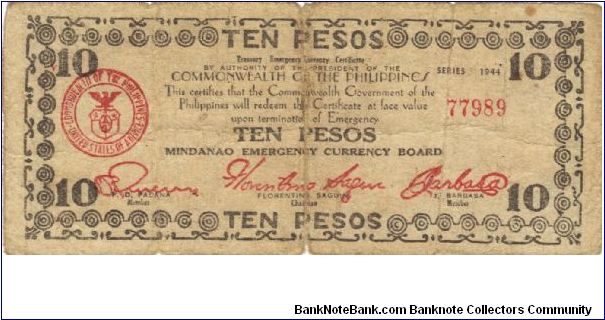S-527b Mindanao Ten Pesos note. Banknote