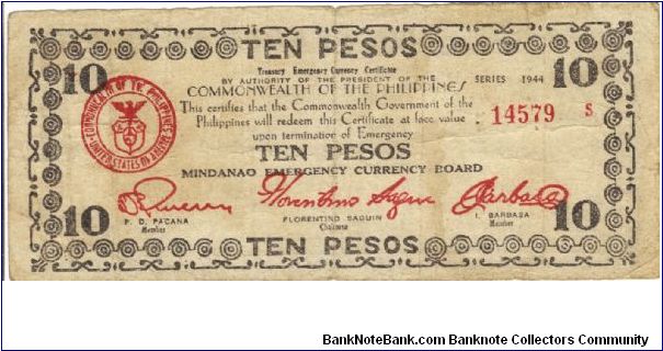 S-527d Mindanao Ten Pesos note. Banknote