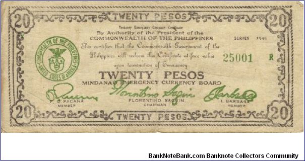 S-528b Mindanao Twenty Pesos note. Banknote