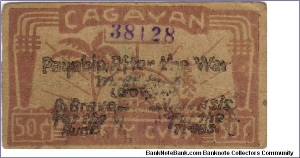 S-185a Cagayan 50 Centavos note, no serial number on reverse. Banknote