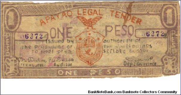 S-111b Apayao 1 Peso note. Countersigned on reverse. Banknote