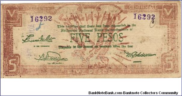 S-191a Cagayan 5 Pesos note. Stamped Registered Countersign on reverse. Banknote