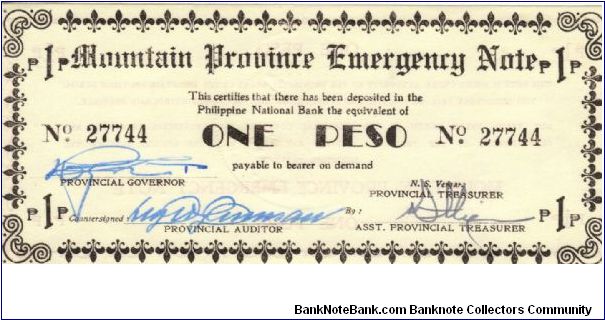 S-595b Mountain Provence 1 Peso note. First line of text longer than second. No countersign on reverse. Banknote