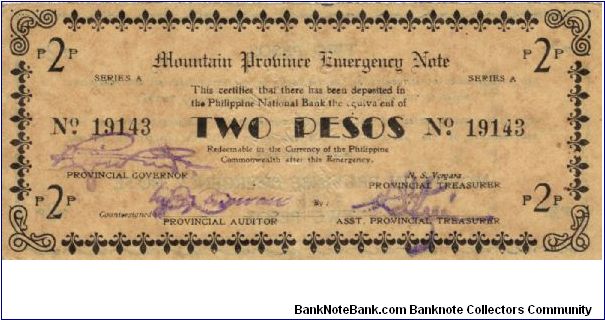 S-602 Mountain Province 2 Pesos note with Registered Countersign on reverse. Banknote